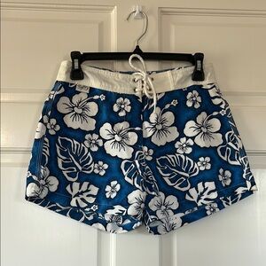Vintage Hawaiian Swim Shorts Blue and White Floral with Drawstring Waistband